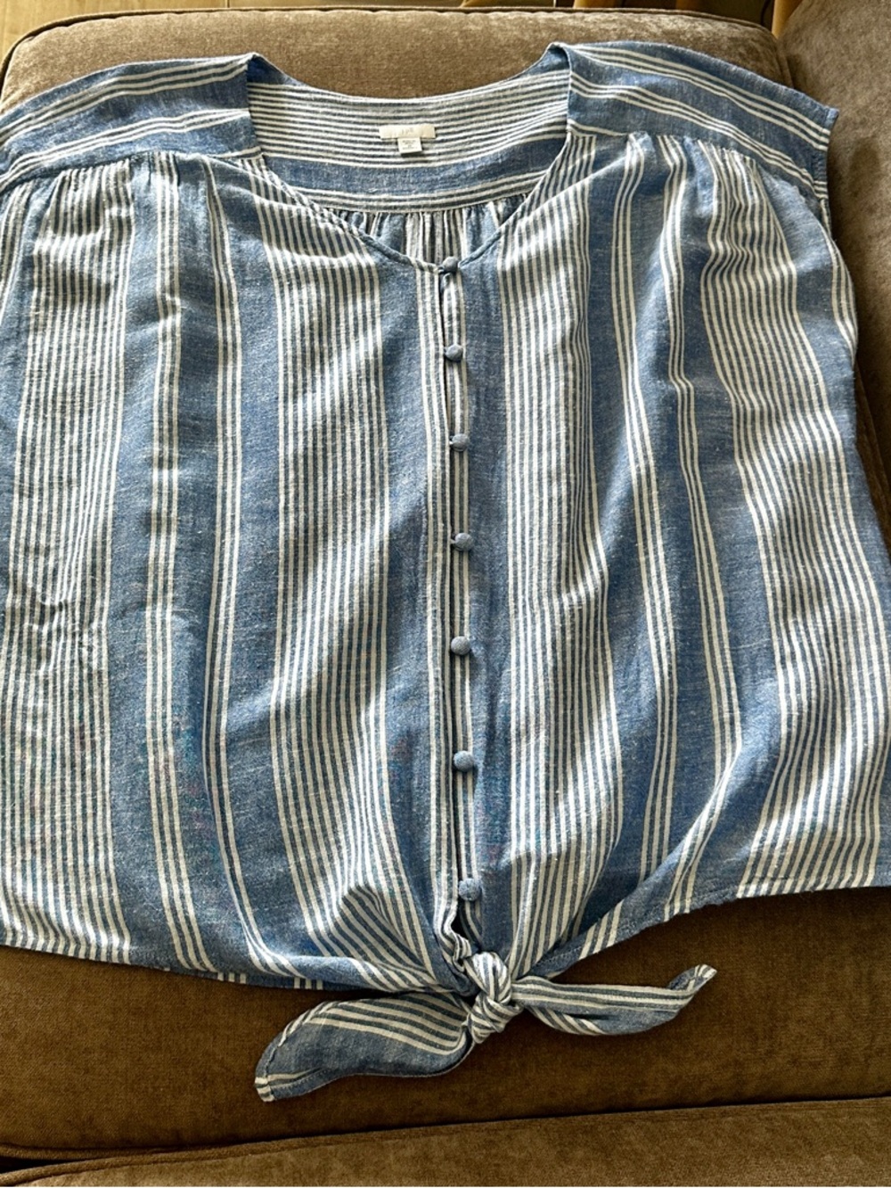J JILL Top Blouse Blue Stripe Linen Blend Button Up Sleeveless Coastal Beach 2X